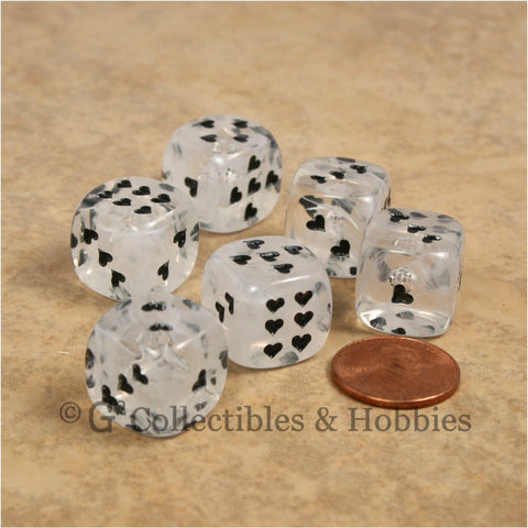 D6 16mm Cirrus Swirl with Heart Pips 6pc Dice Set - Clear