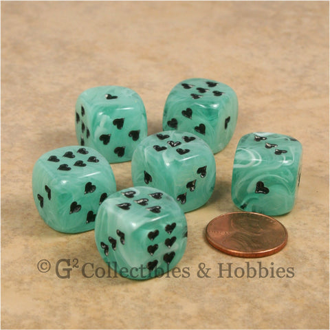 D6 16mm Cirrus Swirl with Heart Pips 6pc Dice Set - Green