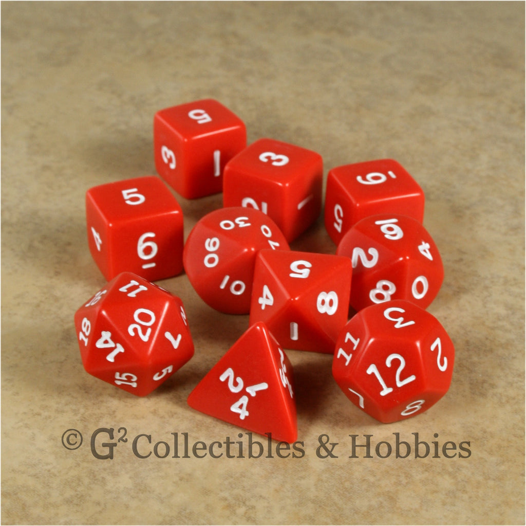 RPG Dice Set Opaque Red with White Numbers 10pc