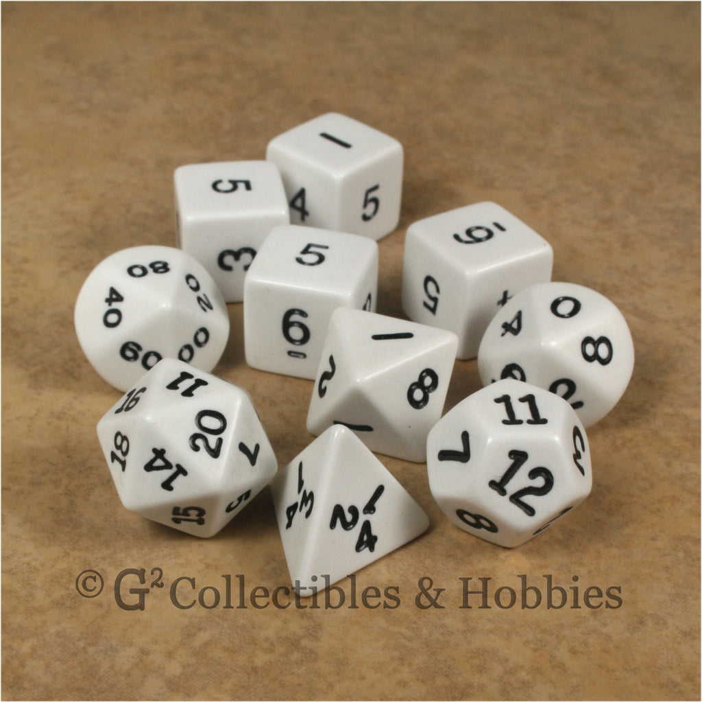 RPG Dice Set Opaque White with Black Numbers 10pc