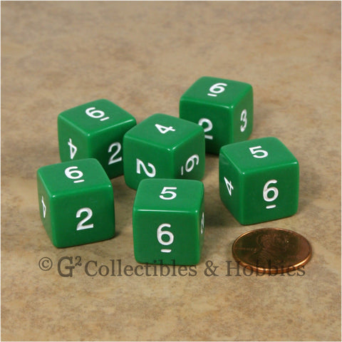 D6 RPG Dice Set : Opaque Green with White Numbers 6pc