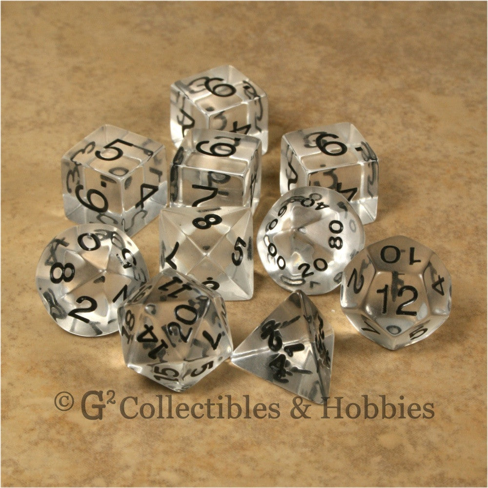 RPG Dice Set Transparent Clear with Black Numbers 10pc