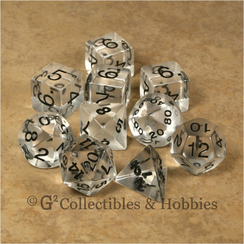 RPG Dice Set Transparent Clear with Black Numbers 10pc