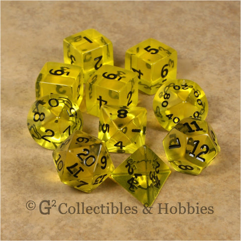 RPG Dice Set Transparent Yellow with Black Numbers 10pc